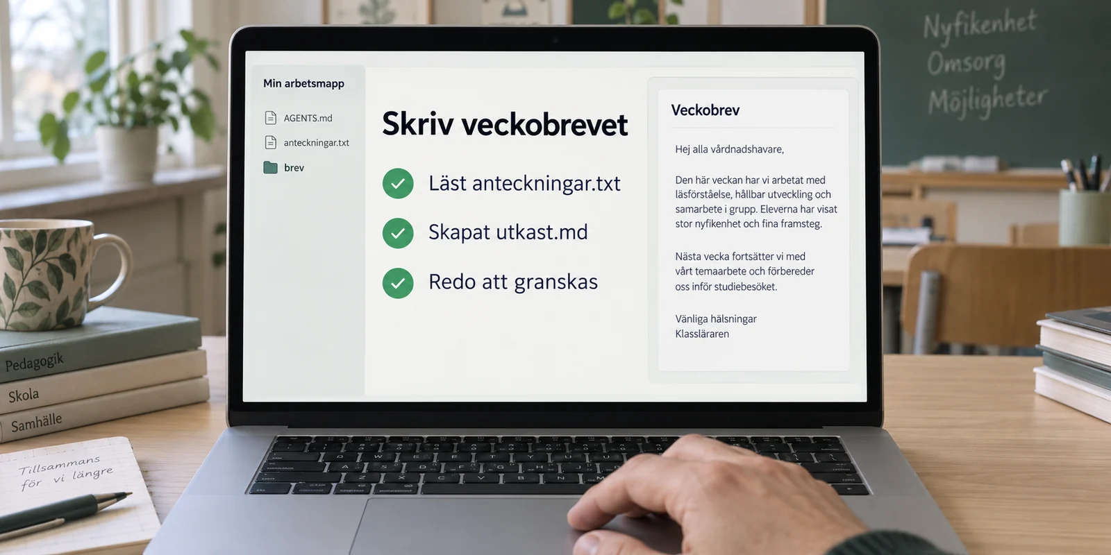 En AI-agent har läst anteckningar och skapat ett utkast till veckobrev som läraren kan granska.