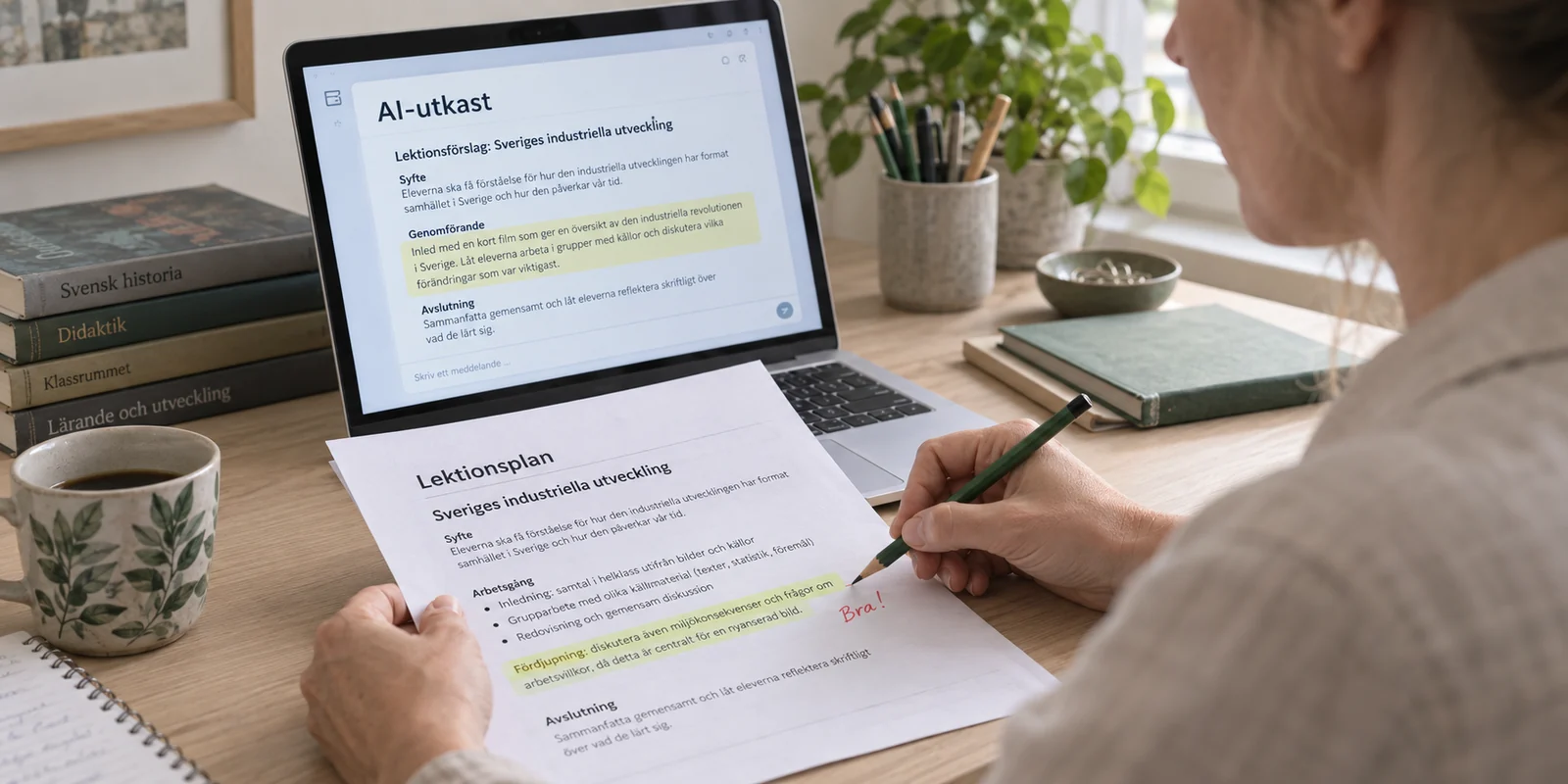 En lärare jämför ett AI-utkast på datorn med sitt eget lektionsunderlag.