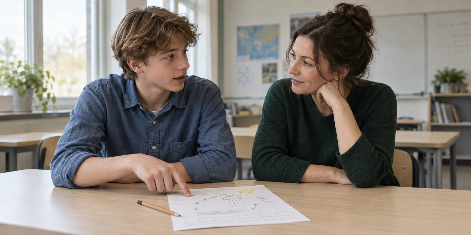 En elev förklarar sitt arbete för en lärare som lyssnar.